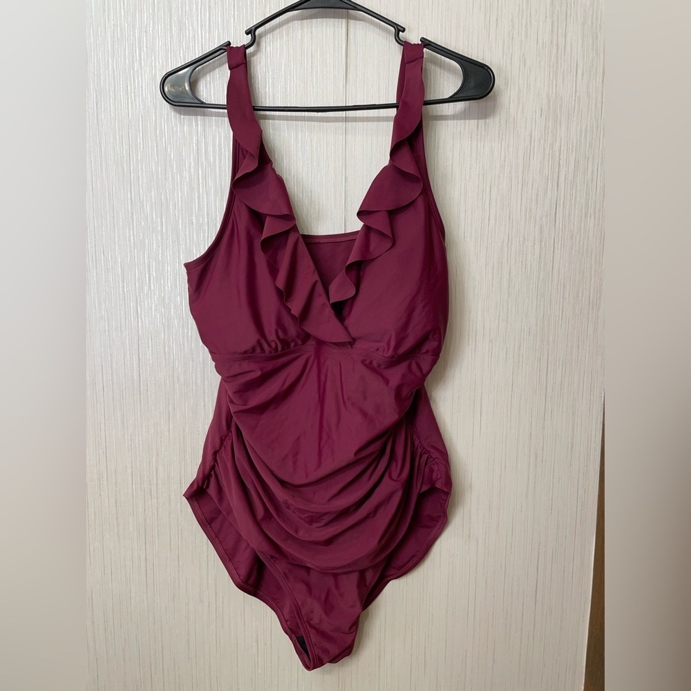 Firpearl Burgundy One-Piece Swimsuit‎ | Ruffle V-Neck | Size 22W